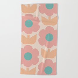 Primrose Flowers Retro Floral Pattern Soft Muted Pastel Blush Apricot Teal Beach Towel