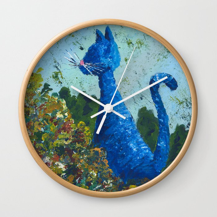 Blue Cat in the Bushes Wall Clock