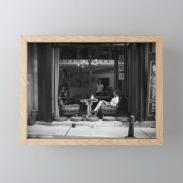 Morning coffee in a cafe - Black and white street photography Framed Mini Art Print