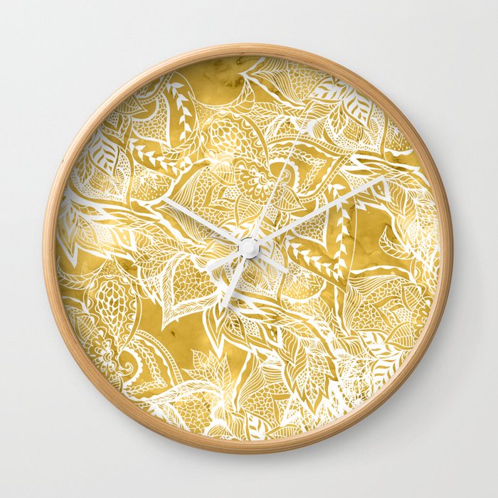 Modern lemon curry watercolor floral hand drawn pattern Wall Clock