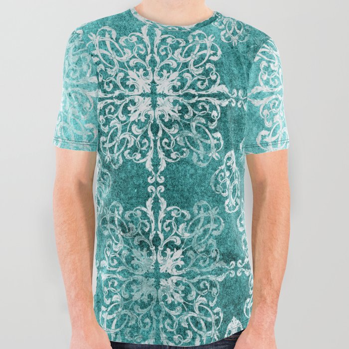 teal white pattern / grunge pattern All Over Graphic Tee