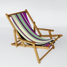 [ Thumbnail: Purple, Dark Sea Green, Light Yellow & Black Colored Lines/Stripes Pattern Sling Chair ]