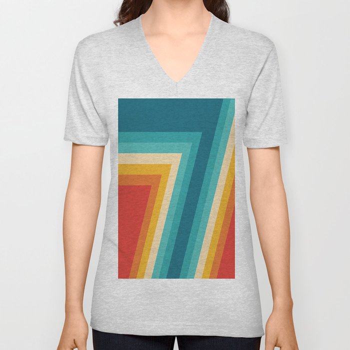 Colorful Retro Stripes  - 70s, 80s Abstract Design V Neck T Shirt