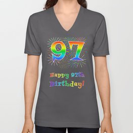 [ Thumbnail: 97th Birthday - Fun Rainbow Spectrum Gradient Pattern Text, Bursting Fireworks Inspired Background V Neck T Shirt V-Neck T-Shirt ]