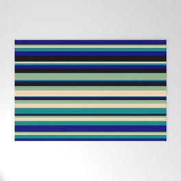 [ Thumbnail: Vibrant Dark Sea Green, Beige, Dark Cyan, Blue & Black Colored Striped/Lined Pattern Welcome Mat ]