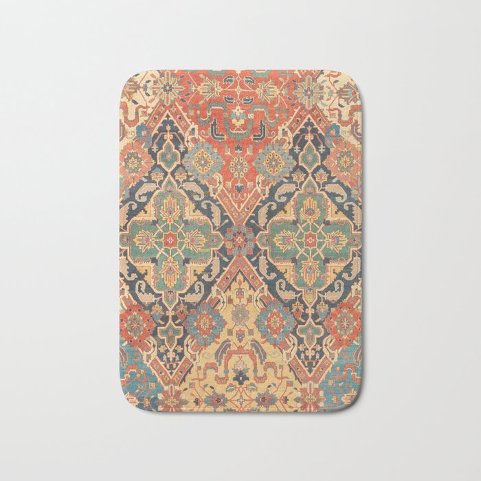 Geometric Leaves VIII // 18th Century Distressed Red Blue Green Colorful Ornate Accent Rug Pattern Bath Mat