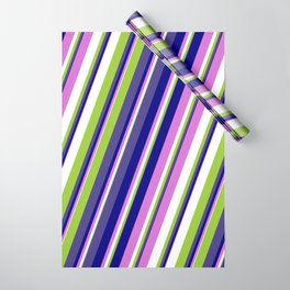 [ Thumbnail: Colorful Green, Dark Slate Blue, Blue, Orchid, and White Colored Stripes Pattern Wrapping Paper ]