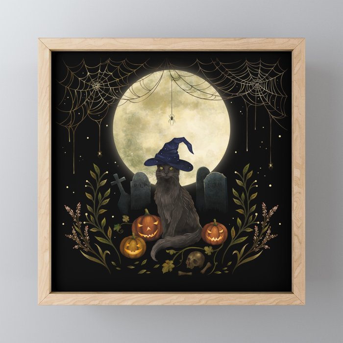 The Black Cat on Halloween Night Framed Mini Art Print