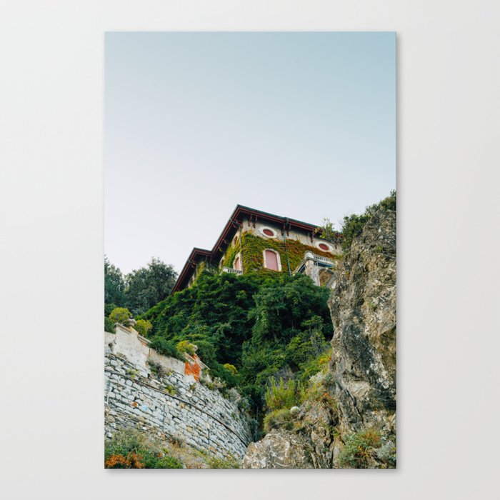 with nature covered house on top of a mountain | Italy Travel Photography Canvas Print