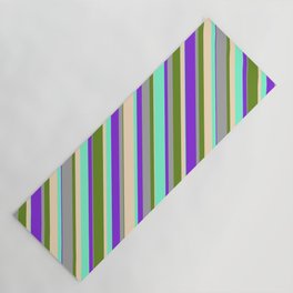 [ Thumbnail: Green, Bisque, Aquamarine, Purple & Dark Gray Colored Stripes Pattern Yoga Mat ]