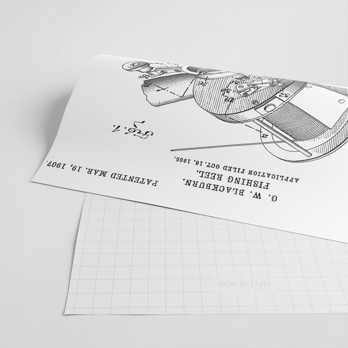 Fishing Reel Patent - Fishing Rod Art - Black And White Wrapping Paper by  Patent Press