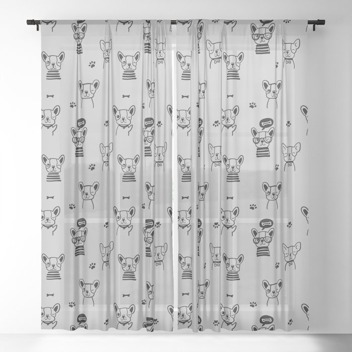 Light Grey and Black Hand Drawn Dog Puppy Pattern Sheer Curtain