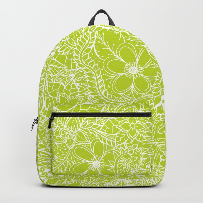 Modern white hand drawn floral lace illustration on lime green punch Backpack