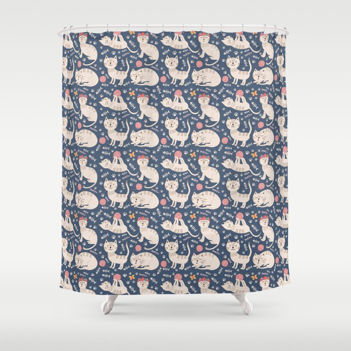 Cute pink brown blue hand painted floral cats Shower Curtain