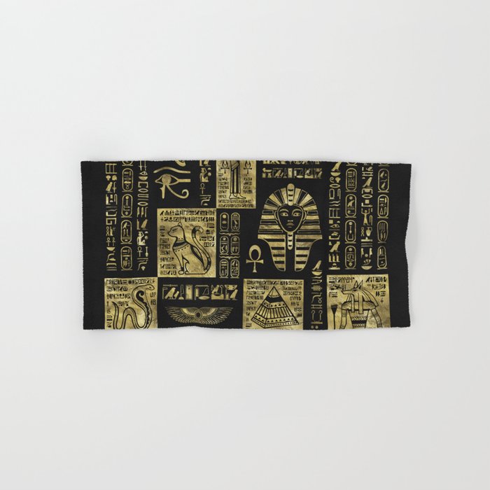 Egyptian hieroglyphs and symbols gold on black leather Hand Bath Towel by Creativemotions Society6
