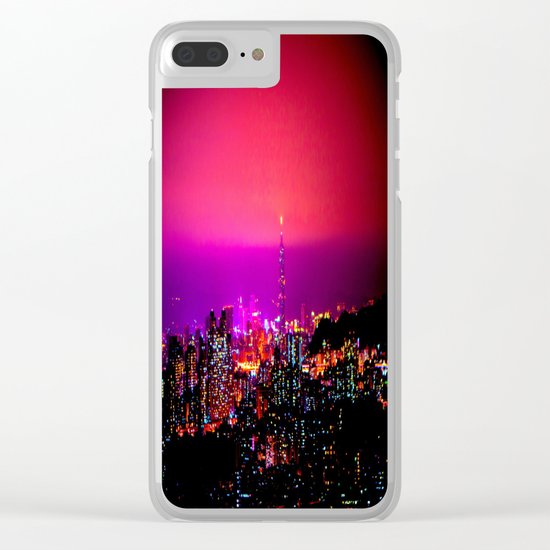 City Skyline Fuchsia Pink Sunset Clear iPhone Case