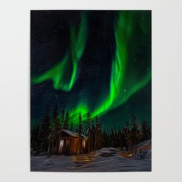 Northern Lights Poster | Trees, Dark, Digital, Cold, Night, Snow, Vibrant, Green, Blue, Seasons 