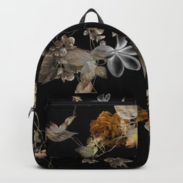 Watercolor painting of leaf and flowers, seamless pattern on dark background Backpack