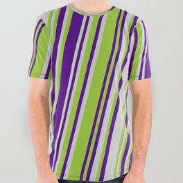 [ Thumbnail: Light Gray, Green & Indigo Colored Pattern of Stripes All Over Graphic Tee ]