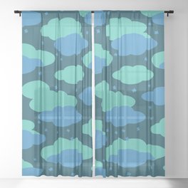 NIGHT DREAMS FLUFFY BLUE AND TURQUOISE CLOUDS IN A NAVY SKY WITH STARS Sheer Curtain