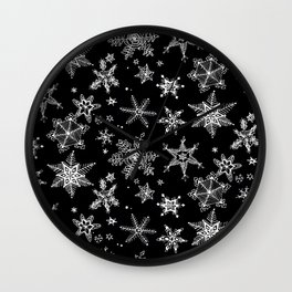 Snow Flakes 07 Wall Clock | Snow, Christmas, Black And White, Winter, Pattern, Ink Pen, Drawing, White, Snowflakes, Black 