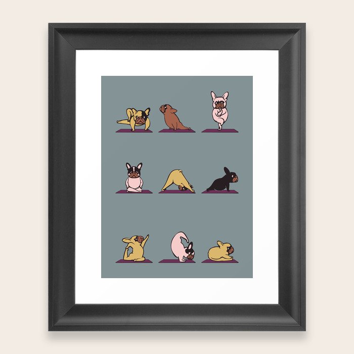 Frenchie Yoga Framed Art Print by Huebucket Society6
