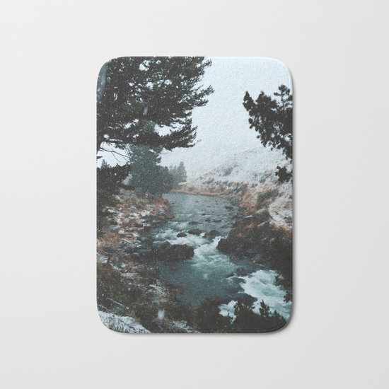 Rustic Creek in snow Bath Mat