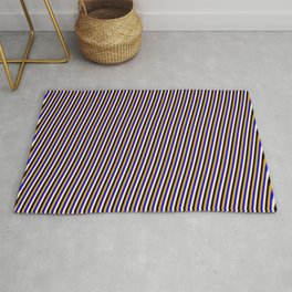 [ Thumbnail: Bisque, Black, Goldenrod, and Blue Colored Pattern of Stripes Rug ]