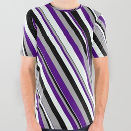[ Thumbnail: Dark Grey, Indigo, Mint Cream & Black Colored Pattern of Stripes All Over Graphic Tee ]