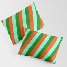 [ Thumbnail: Red, Aquamarine & Green Colored Lined/Striped Pattern Pillow Sham ]