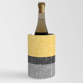 Yellow Grey and Black Section Stripe and Graphic Burlap Print Wine Chiller