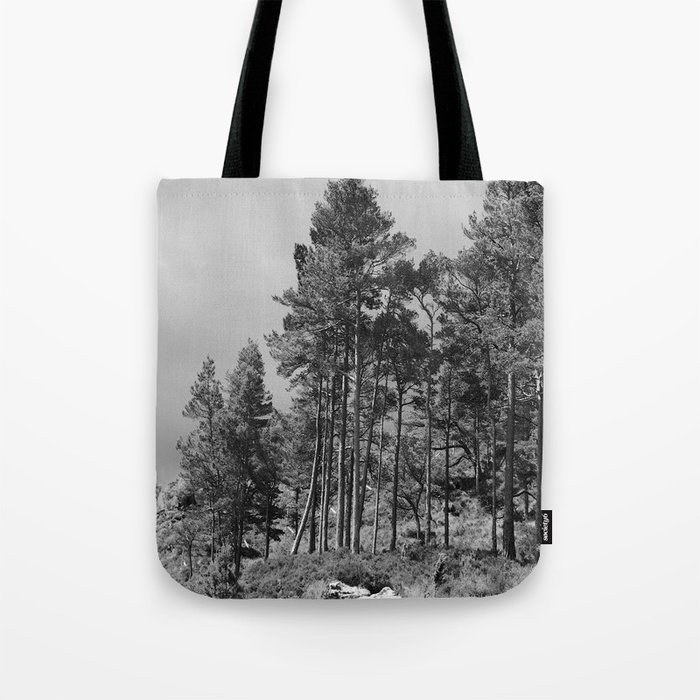 Scottish Highlands Summer Pine Trees in Black and White  Tote Bag
