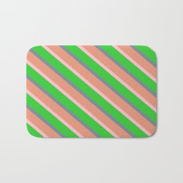 [ Thumbnail: Light Slate Gray, Dark Salmon, Pink, and Lime Green Colored Lined Pattern Bath Mat ]