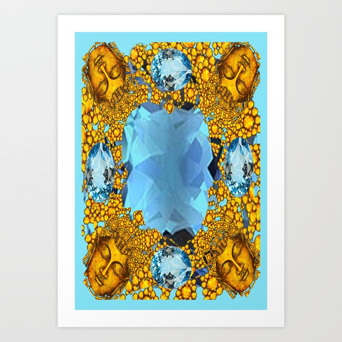 Aquamarine Gems Golden Faces Jewelry Design Art Print