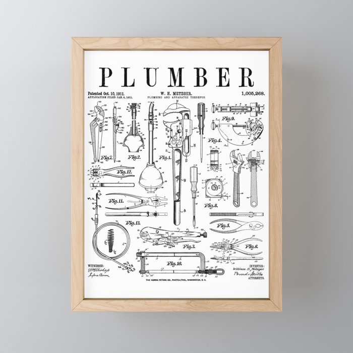 Plumber Plumbing Wrench And Tools Vintage Patent Print Framed Mini Art Print