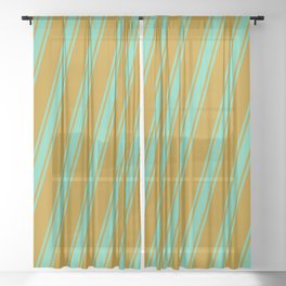 [ Thumbnail: Dark Goldenrod & Aquamarine Colored Striped/Lined Pattern Sheer Curtain ]