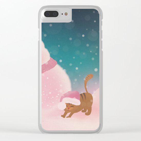 Snow Tabby Cat & Her Snowman, Indigo Snowy Background Clear iPhone Case