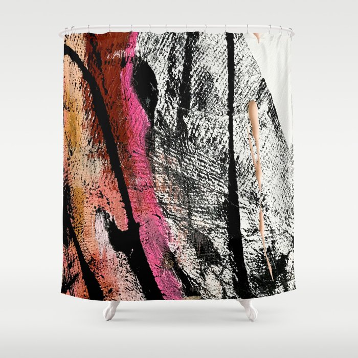 Motivation [2] : a colorful, vibrant abstract piece in pink red, gold, black and white Shower Curtain