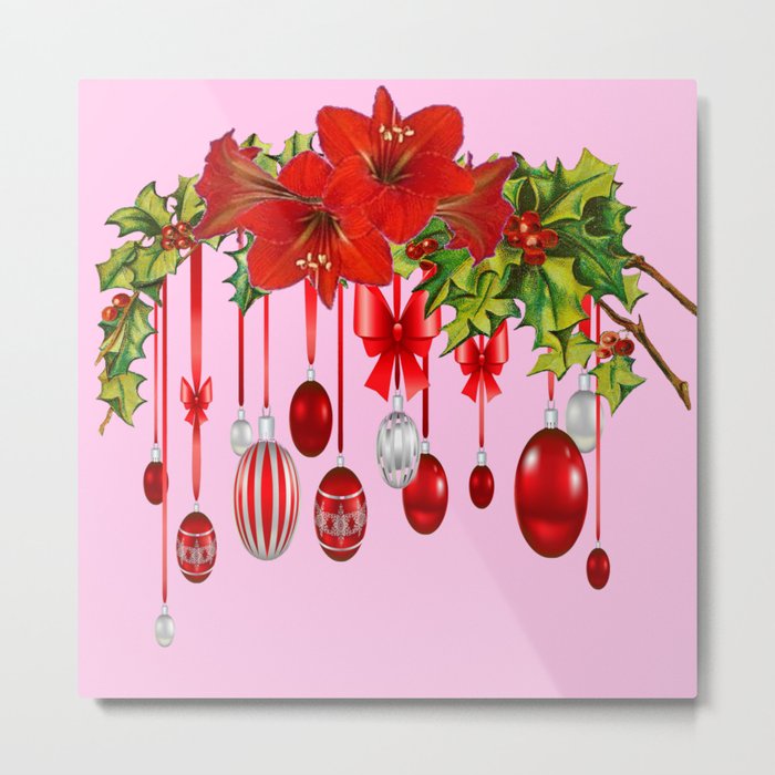 RED AMARYLLIS FLOWERS & HOLIDAY ORNAMENTS FLORAL Metal Print