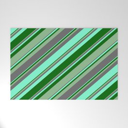 [ Thumbnail: Dim Gray, Aquamarine, Dark Green, and Dark Sea Green Colored Lines/Stripes Pattern Welcome Mat ]