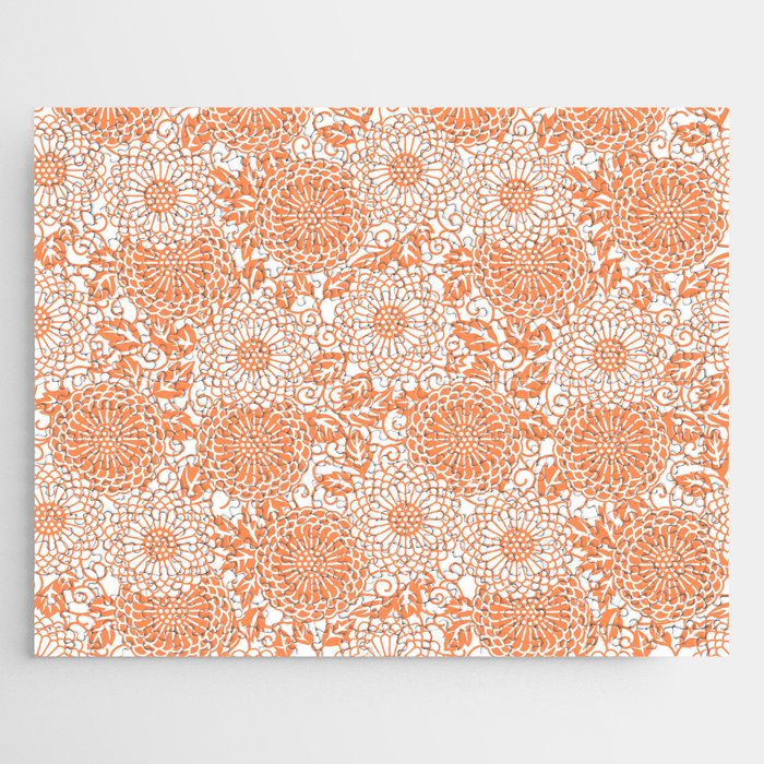 Japanese Flower pattern Orange and White Jigsaw Puzzle