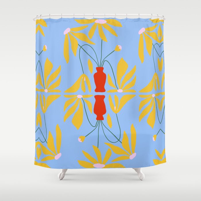 Swirly Floral Illustration in Mustard on Baby Blue Shower Curtain
