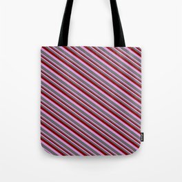 [ Thumbnail: Maroon, Plum & Dim Grey Colored Lined/Striped Pattern Tote Bag ]