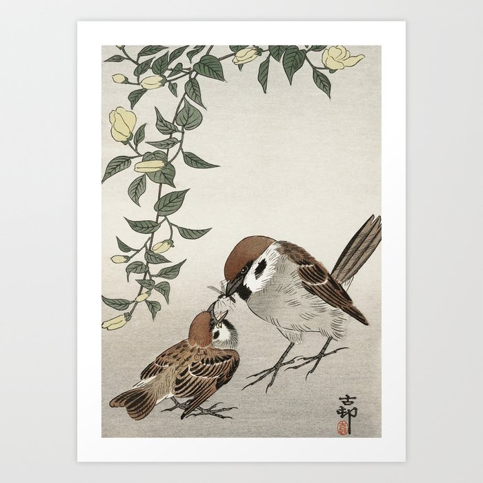 Ohara Koson, Sparrow Feeding Chick - Vintage Japanese Woodblock Print Art Print