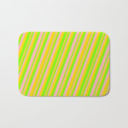 [ Thumbnail: Light Pink, Yellow & Chartreuse Colored Lines Pattern Bath Mat ]