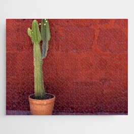 Mexico Photography - Small Cactus In Front Of A Red Brick Wall Jigsaw Puzzle