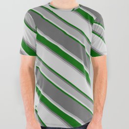 [ Thumbnail: Dim Grey, Dark Grey, Light Gray, and Dark Green Colored Stripes/Lines Pattern All Over Graphic Tee ]