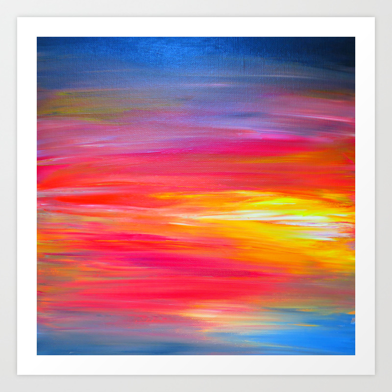 BRIGHT HORIZONS Bold Colorful Rainbow Pink Yellow Blue Abstract Painting  Sunrise Sunset Stripes Art Print