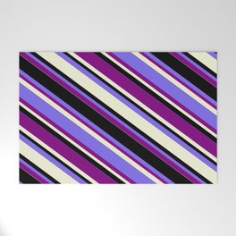 [ Thumbnail: Medium Slate Blue, Purple, Beige & Black Colored Lined Pattern Welcome Mat ]