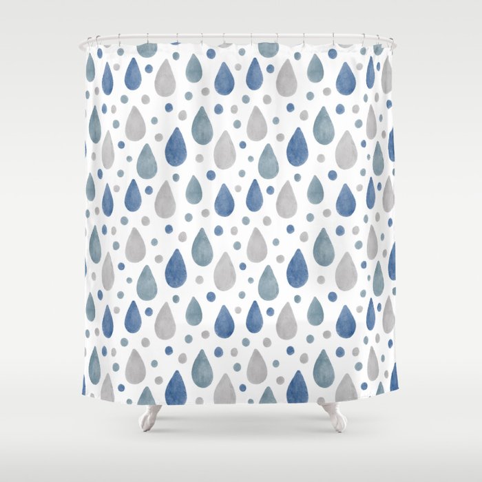 Blue, Grey and White Raindrops Watercolour Pattern Shower Curtain